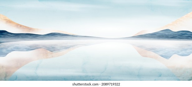 Fondo artístico de color de agua con montañas y colinas en el norte. Banner paisajístico con pinturas en tonos azul y tierra para decoración, diseño, impresión