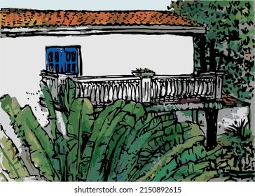 Watercolor ink drawing of building with white walls, a balcony, a tile roof, against a backdrop of trees and a banana palm in front. Venezuela. Drawing made by hand