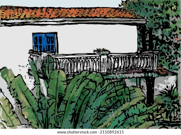 Линейный, цветной аварельный рисунок. Векторный рисунок здания с белыми стенами, балконом, черепичной крышей, на фоне деревьев и банановой пальмы впереди. Венесуэла. Художник Андрей Бондаренко @iThyx_AK
