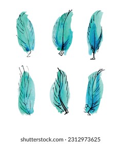 Esbozo de plumas de tinta acuarela, plumas, azul, verde. Vector aislado.