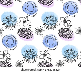 Watercolor and ink floral seamless backround