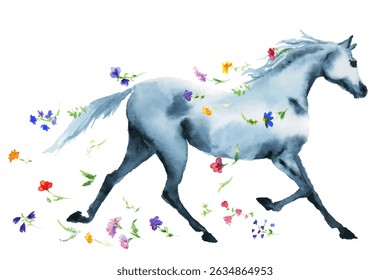 Watercolor or ink hand drawn trotting horse or pony with wildflowers on white. Hand painting beauty romantic Japanese style vector silhouette of wild running horse with falling flowers