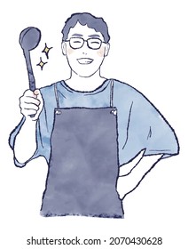 Watercolor and ink hand-drawn illustration of an Asian man in a T-shirt and apron with glasses holding a ladle and laughing, upper body