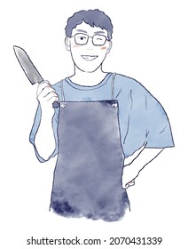 Watercolor and ink hand-drawn illustration of an Asian man, upper body, with glasses, wearing a T-shirt and apron, holding a kitchen knife and laughing, cooking concept