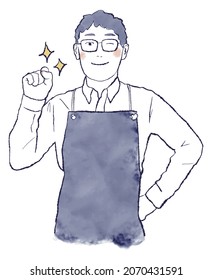 Watercolor and ink hand-drawn illustration of an Asian man in a white shirt, apron, and glasses, upper body, smiling and striking a victory pose