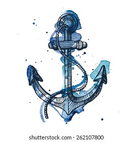 Watercolor and ink illustration of an anchor. The watercolor and ink drawings are two different layers.