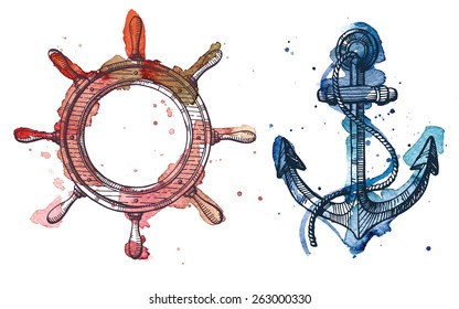 Watercolor and ink illustration of an anchor and a steering wheel. The watercolor and ink drawings are two different layers.