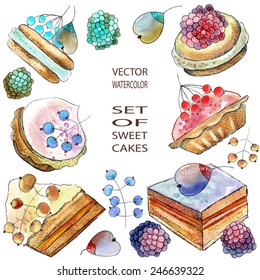 Watercolor and ink illustration of berry cakes in vector format. All objects are editable.