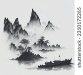 Watercolor and ink illustration of chinese landscape with pagoda and mountains in style sumi-e, u-sin. Traditional asian architecture. Oriental traditional painting.