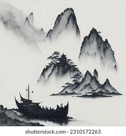 Watercolor and ink illustration of chinese landscape with pagoda and mountains in style sumi-e, u-sin. Traditional asian architecture. Oriental traditional painting.