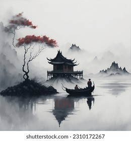 Watercolor and ink illustration of chinese landscape with pagoda and mountains in style sumi-e, u-sin. Traditional asian architecture. Oriental traditional painting.