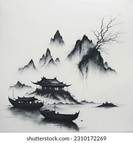 Watercolor and ink illustration of chinese landscape with pagoda and mountains in style sumi-e, u-sin. Traditional asian architecture. Oriental traditional painting.