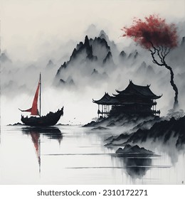 Acuarela e ilustración de paisajes chinos con pagoda y montañas en estilo sumi-e, u-sin. Arquitectura asiática tradicional. Pintura oriental tradicional.