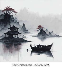 Watercolor and ink illustration of chinese landscape with pagoda and mountains in style sumi-e, u-sin. Traditional asian architecture. Oriental traditional painting.