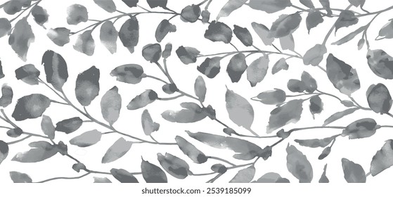 Watercolor and ink illustration of tree with leaves. Sumi-e, u-sin painting. Seamless pattern.
