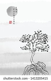 Watercolor ink paint art vector texture illustration landscape of tree and sunset background template. Translation for the Chinese word : Blessing