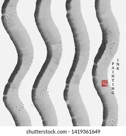 Watercolor ink paint art vector texture illustration curve wave strip line. Translation for the Chinese word : Blessing