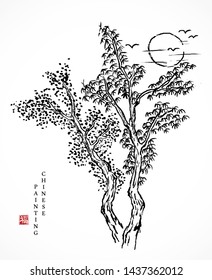Watercolor ink paint art vector texture illustration landscape of tree and sunset. Translation for the Chinese word : Blessing