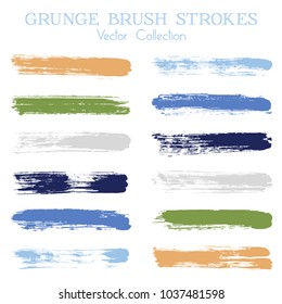 Watercolor, ink or paint brush stroke lines color combinations catalog design elements. Vector isolated ink traces, retro paint dabs, smudges, grunge brush stripes, paint daubs strokes set. 