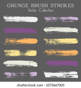 Watercolor, ink or paint brush stroke lines color combinations catalog design elements. Vector isolated ink traces, retro paint dabs, smudges, grunge brush stripes, paint daubs strokes set. 