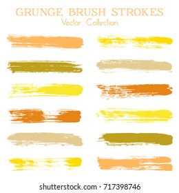 Watercolor, ink or paint brush stroke lines color combinations catalog design elements. Vector isolated ink traces, retro paint dabs, smudges, grunge brush stripes, paint daubs strokes set. 