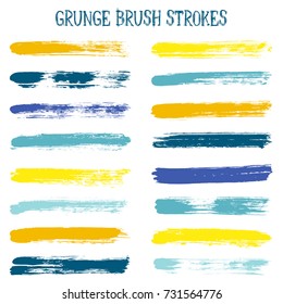 Watercolor, ink or paint brush stroke lines color combinations catalog design elements. Vector isolated ink traces, retro paint dabs, smudges, grunge brush stripes, paint daubs strokes set. 