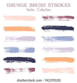 Watercolor, ink or paint brush stroke lines color combinations catalog design elements. Vector isolated ink traces, retro paint dabs, smudges, grunge brush stripes, paint daubs strokes set. 