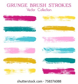 Watercolor, ink or paint brush stroke lines color combinations catalog design elements. Vector isolated ink traces, retro paint dabs, smudges, grunge brush stripes, paint daubs strokes set. 