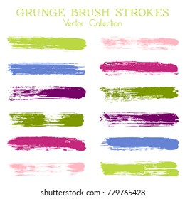 Watercolor, ink or paint brush stroke lines color combinations catalog design elements. Vector isolated ink traces, retro paint dabs, smudges, grunge brush stripes, paint daubs strokes set. 
