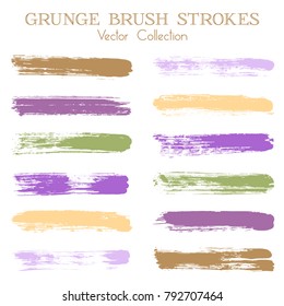Watercolor, ink or paint brush stroke lines color combinations catalog design elements. Vector isolated ink traces, retro paint dabs, smudges, grunge brush stripes, paint daubs strokes set.