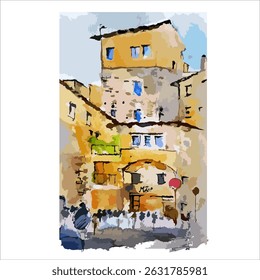 Watercolor and ink painting of a bright European plaza featuring the quaint cafe. Good for book illustration, poster, or postcard 
