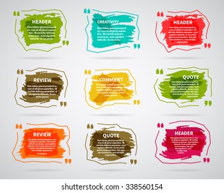 Watercolor, ink, splash Quote blank templates. Text box bubbles. Abstract business card, note, information, text. Print multicolor design. For Website. Vector set.