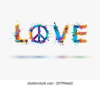 Watercolor inscription "love" with the sign of peace. Vector