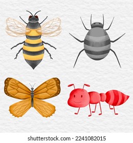 watercolor insect and bug element collection element set bee, butterfly, spider and ant