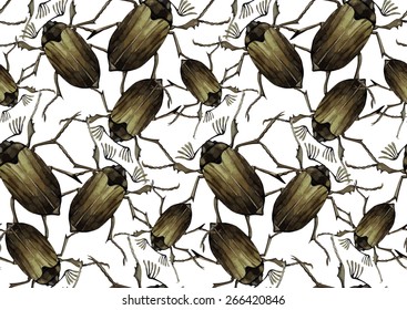 Watercolor insects: chafer.  Vector pattern