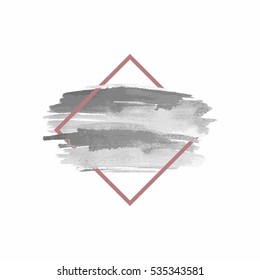 Watercolor insertion, grey strokes in brown square frame. Design element  for logo, background, poster, headline, apparel manufacture, stamp, typography. Vector illustration