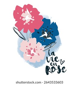 Aquarela inspirou flor com La vie en rosa tipografia francesa moda flor rosa e azul blooms, strass hotfix para design de vestuário	