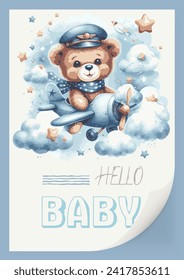 Watercolor invitation card for a baby shower with an illustration of a pilot bear on an airplane. Hello, children's inscription