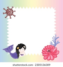 watercolor invitation card with cute little mermaid design illustration
