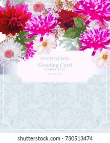 Watercolor Invitation Card floral vector. Vintage Colorful beautiful flowers bouquet and lace