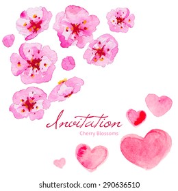 Watercolor Invitation card with spring cherry blossoms and lovely hearts. Vector illustration isolated on white background.