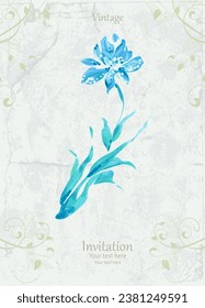 watercolor invitation card with a stylized blue painting flower against a grungy grey texture with floral frame. vector illustration