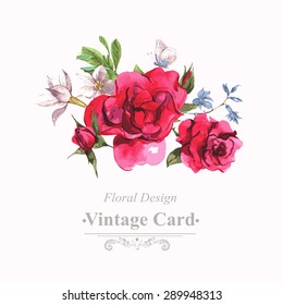 Watercolor Invitation Vintage Card with Blooming Red Roses, Vector Illustration on a White Background