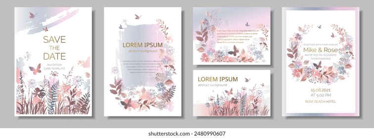 Watercolor invitations set design. Floral backgrounds set. Wedding invitations or greeting cards set with flowers in watercolor style. Vector illustration.