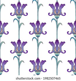 watercolor iris flower painted in the style of modern, art nouveau. Seamless pattern. Floral pastel watercolor style. Spring bouquet. Perfect for printing packaging, postcards, fabrics. EPS10