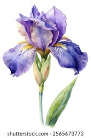 Watercolor iris flower, vibrant purple petals, delicate botanical illustration, nature-inspired art, floral design.