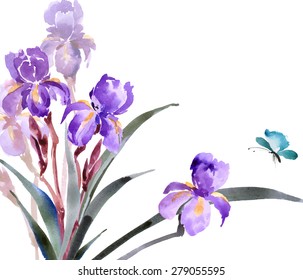 Watercolor irises with butterfly. Hand drawn vector illustration. Spring or summer design for invitation, wedding or greeting cards.