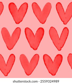 Watercolor Irregular Seamless Vector Pattern with Red Hand Painted Hearts on a Light Pink Background. Romantic Endless Print with Watercolor Hearts. Simple Childish Style Valentine's Day Pattern. RGB.