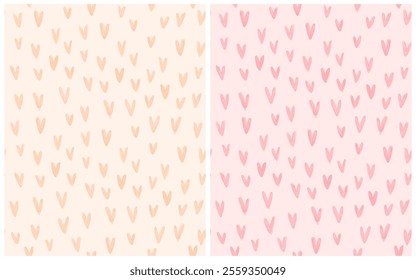 Watercolor Irregular Seamless Vector Pattern with Tiny Hearts on a Light Pink and Ivory Background. Romantic Endless Print with Watercolor Hearts. Simple Childish Style Valentine's Day Pattern. RGB.