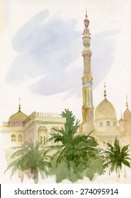 Watercolor Islamic Mosque Painting Vector Illustration